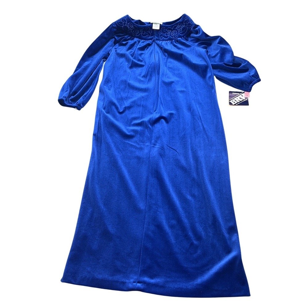 Belle Fleur Robe Women Large Blue Granny Gown Nylon Embroider USA Deadstock VTG‎
